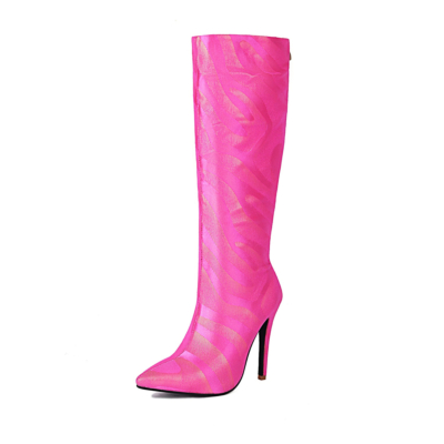 Women's Pink Vegan Leather Stiletto Heel Pointed Toe Knee High Boots