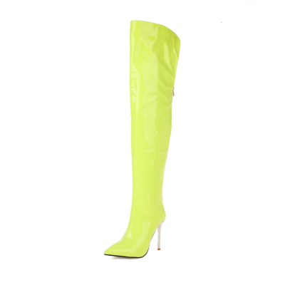 Women's Neon Yellow Vegan Leather Stiletto Heel Pointed Toe Thigh High Boots