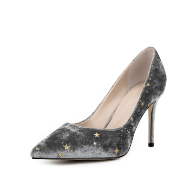 Women's Grey Velvet Starry Stiletto Heel Pumps Pointed Toe