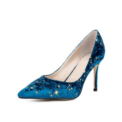 Women's Blue Velvet Starry Stiletto Heel Pumps Pointed Toe