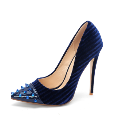 Royal Blue Women's Velvet Studded 5 inch High Heel Pumps Pointed Toe Rivets Shoes