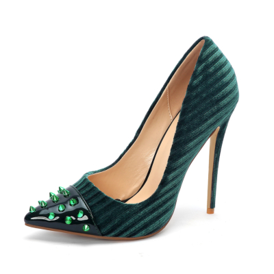 Green Women's Velvet Studded 5 inch High Heel Pumps Pointed Toe Rivets Shoes