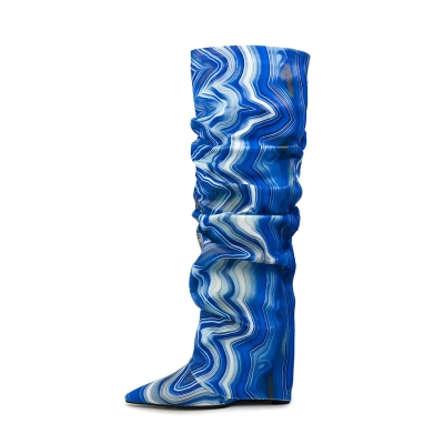 Blue Stripe Wedge Heel Fold Over Boots Slouch Knee High Boots