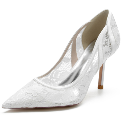 Women's White Lace Wedding Shoes Pointed Toe Stiletto Heel Pumps