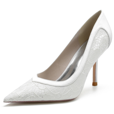 Women's White Opaque Lace Pointed Toe Stiletto Heel Wedding Pumps