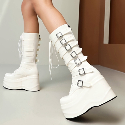 Women's White Platform Wedge Lace Up Gothic Boots Multi Buckle Mid Calf Boots