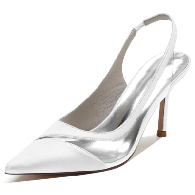 Women's White Satin Slingback Pointed Toe Stiletto High Heels  Wedding Pumps