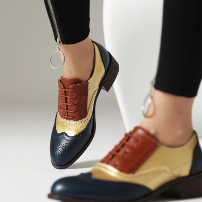 Women's Wingtip Round Toe Lace up Dress Flat Oxford Shoes