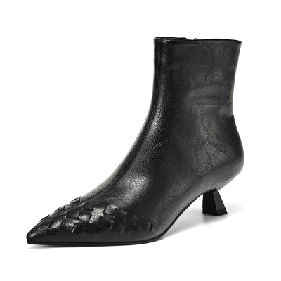 Black Genuine Leather Woven Detail Pointed Toe Ankle Boots Low Heel Boots