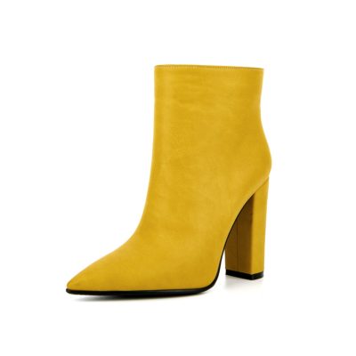 Women's Yellow Pointed Toe Chunky Heel Ankle Booties