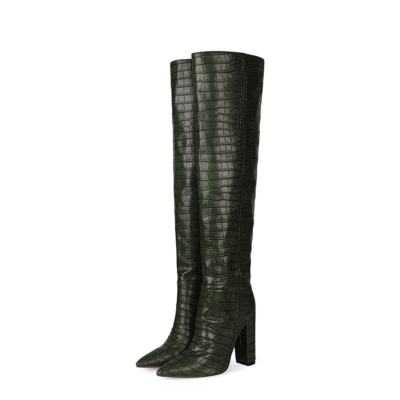Dark Green Croc-Embossed Womens Chunky Heel Wide Calf Thigh High Boots