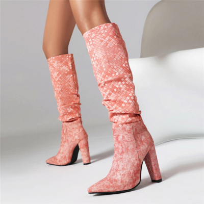 Pink Woven Slouchy Boots Chunky Heel Pointed Toe Knee High Boots