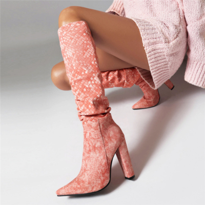 Pink Woven Slouchy Boots Chunky Heel Pointed Toe Knee High Boots