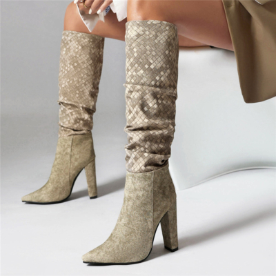 Khaki Woven Slouchy Boots Chunky Heel Pointed Toe Knee High Boots