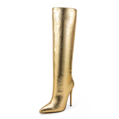Gold Wrinkle Printed Printed Toe Stiletto Heel Knee High Boots