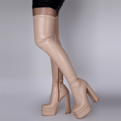 Nude Elastic Vegan Leather Square Toe Chunky Heel Platform Thigh High Boots