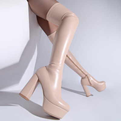 Fashion Nude Vegan Leather Elastic Chunky Heel Platform Thigh High Boots
