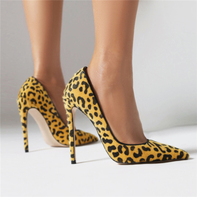 Yellow Leopard Print Horsehair Pumps 4 Inches Stiletto High Heels For Party