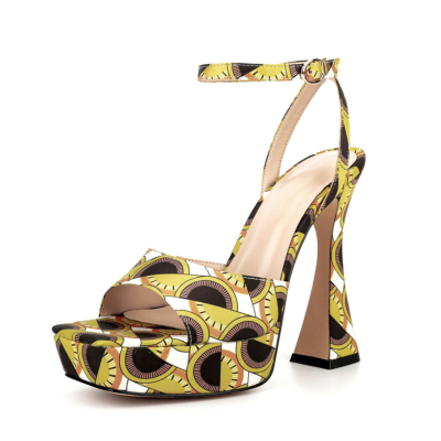 Yellow Pattern Platform Sandals Spool Heel Square Toe Ankle Strap Party Shoes