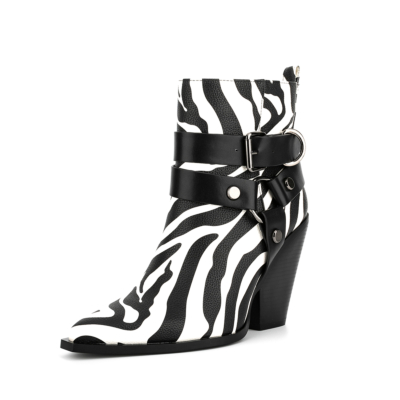 Black&white Zebra Print Ankle Boots Block Heel Sexy Women's Boots