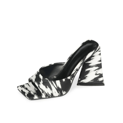 Zebra Print Heeled Slide Sandals Square Toe Satin Quilted Mules