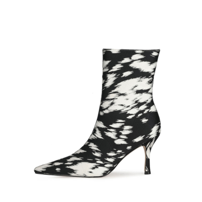 Zebra Print Quilted Side Zipper Stiletto Ankle Boots with Pointed Toe
