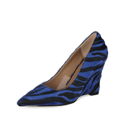 Blue Faux Fur Zebra Printed Womens Wedge Heel Shoes Dress Pumps 4 inch Heels