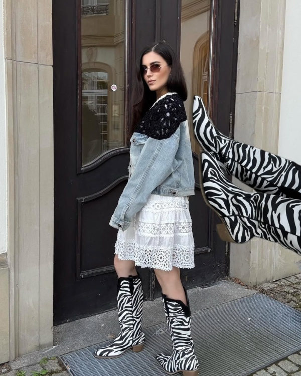 White and Black Zebra Print Cowboy Boots Chunky Heel Ankle Boots | Up2Step