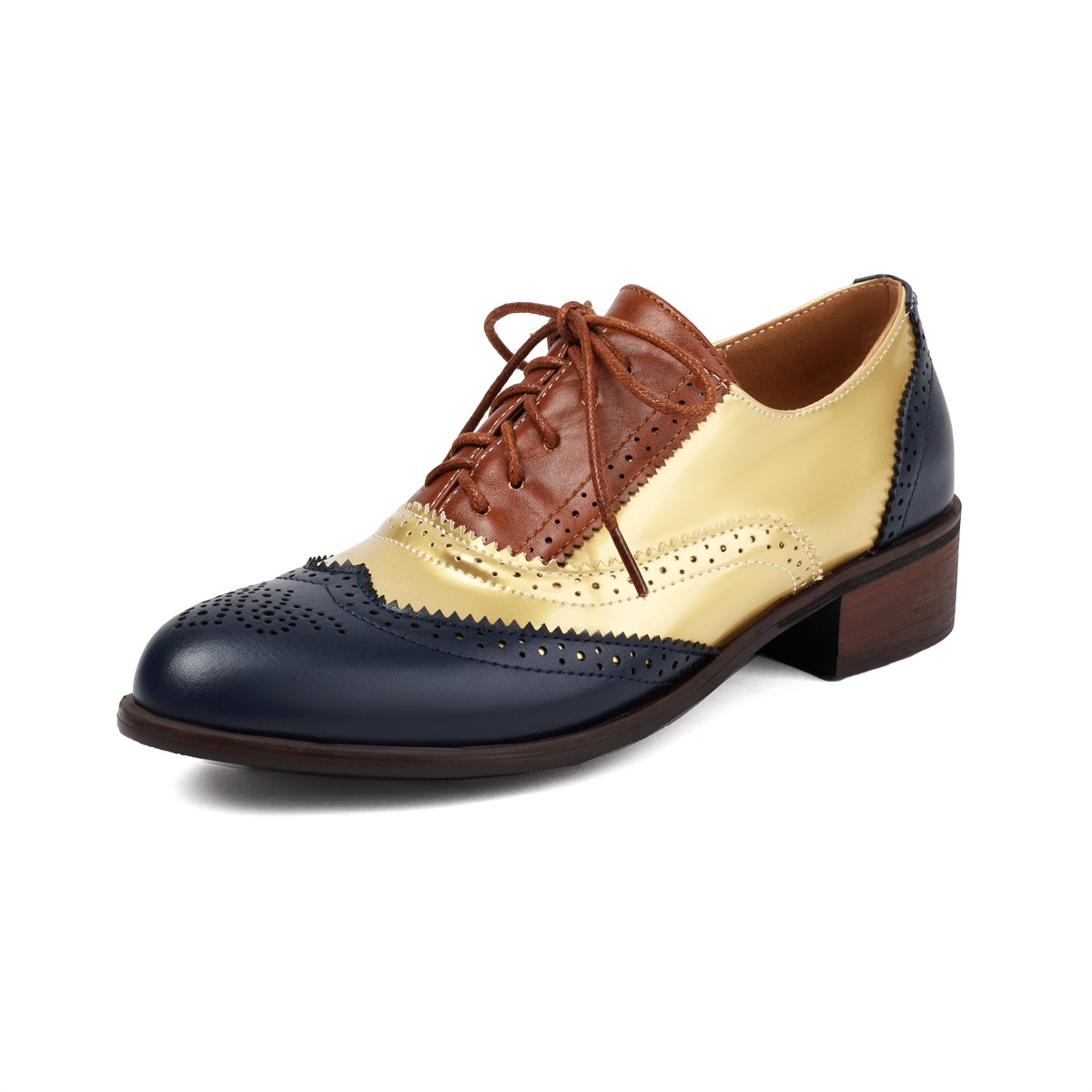 Women's Gold and Black Wingtip Round Toe Lace up Dress Flat Oxford Shoes | Size 11