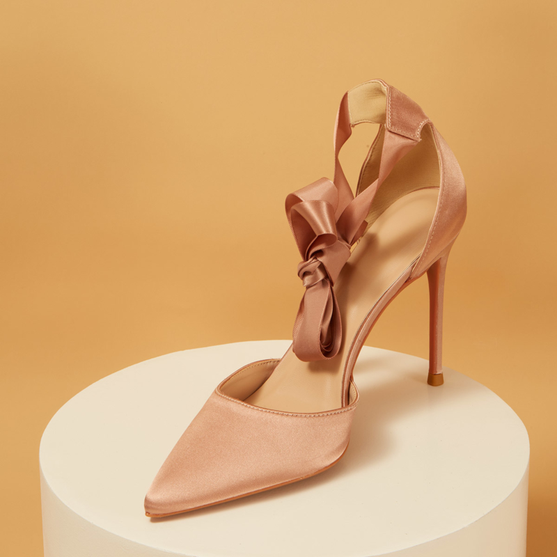 Satin Lace-up D'orsay Pointy Toe Heeled Wedding Pumps