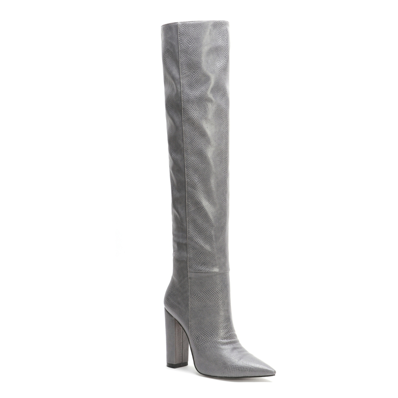 Zebra Printed Pattern Knee High Heeled Boots with Pointed Toe Chunky Block High