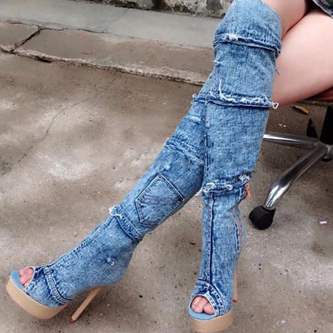 Women's Denim Over Knee High Boots High Heels Pointed Toe Stilettos Party Shoes 