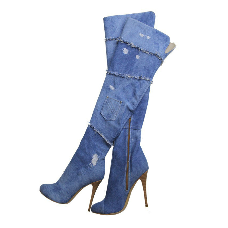 Details about   New European and American denim over knee boots fashion chunky heels high heels