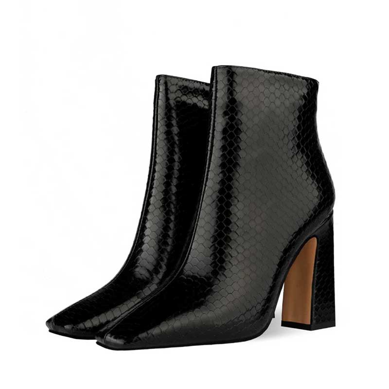 Black Snake Print Square Toe Chunky Heel Dress Booties Ankle Boots