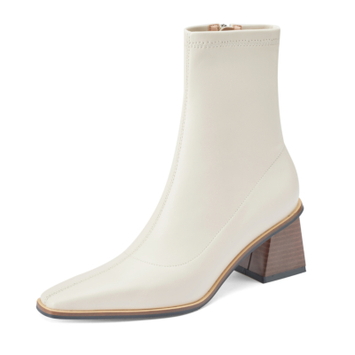 White Leather Chunky Heel Ankle Boots Square Toe Boots with Zipper