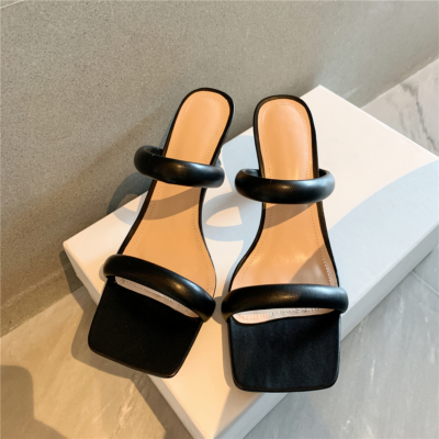 Black Puffy Sandals Heels Padded Two-Strap Shoes