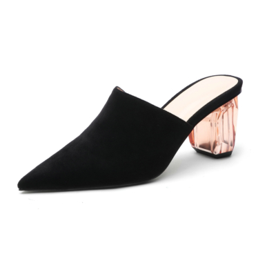 2022 Black Clear Block Heel Suede Mules Slip-on Pointed Shoes