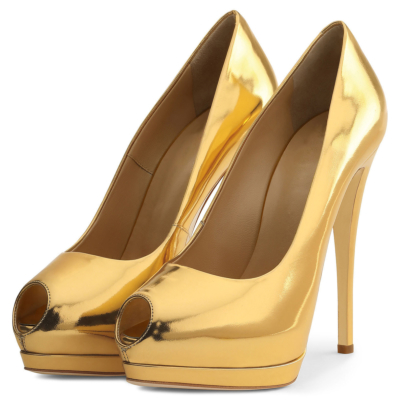 Golden Summer Peep Toe Mirror Stiletto Platform Pumps Heels