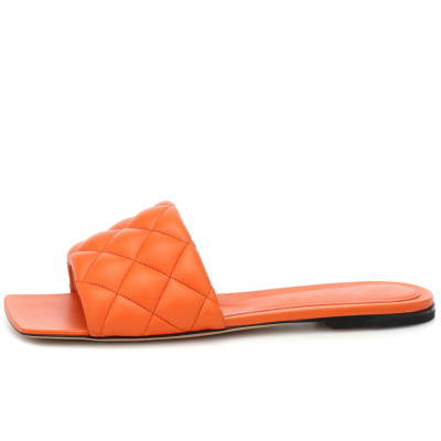 Orange Summer Quilted Square Toe Slide Slip-on Sandals Flat Shoes