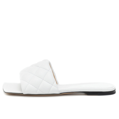 White Summer Quilted Square Toe Slide Slip-on Sandals Flat Shoes