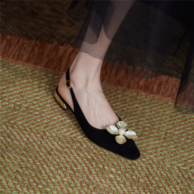 Black 2022 Wedding Flower Flats Buckle Slingback Bride Leather Shoes