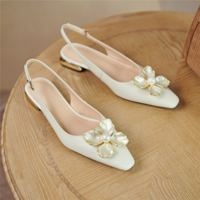 2022 Wedding Flower Flats Buckle Slingback Bride Leather Shoes