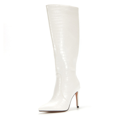 White Heeled Boots Snake Print Stiletto Heels Knee High Boots For Winter
