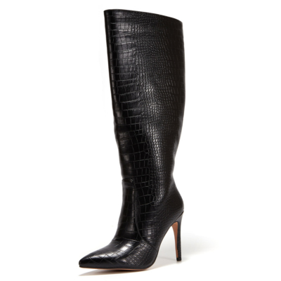 Black Heeled Boots Snake Print Stiletto Heels Knee High Boots For Winter