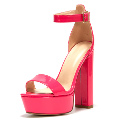 Neon Fuchsia Heeled Sandals Platform Chunky High Heels Ankle Strap Sandals