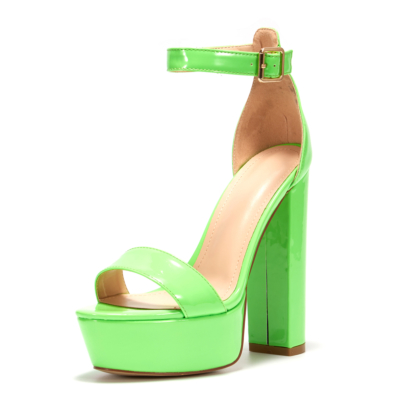 Neon Lime Green Heeled Sandals Platform Chunky High Heels Ankle Strap Sandals