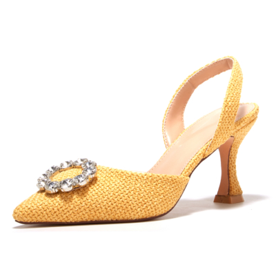 Yellow Quilted Heels Crystal Buckle Slingback Shoes with Kitten Heels