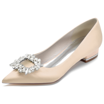 Champagne Jewelled Buckle Flats Satin Pointed Toe Shoes