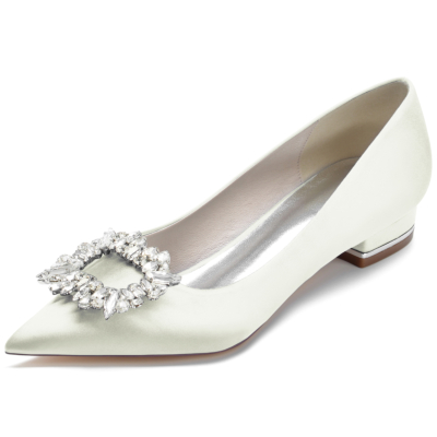 Ivory Jewelled Buckle Flats Satin Pointed Toe Shoes