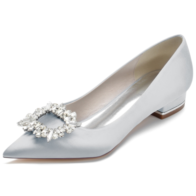 Grey Jewelled Buckle Flats Satin Pointed Toe Shoes